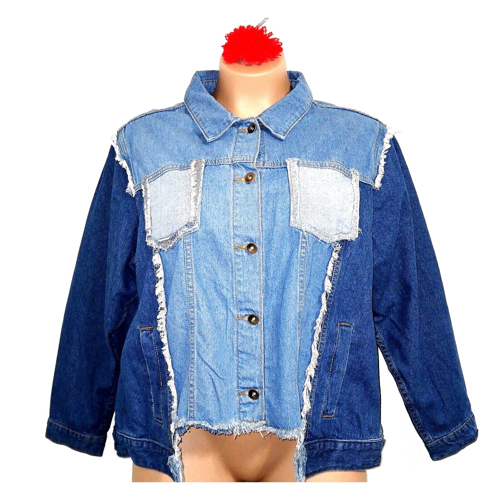 Mod X Women Denim Jacket 2X Blue Jean Colorblock Distressed Destroyed Multi Wash